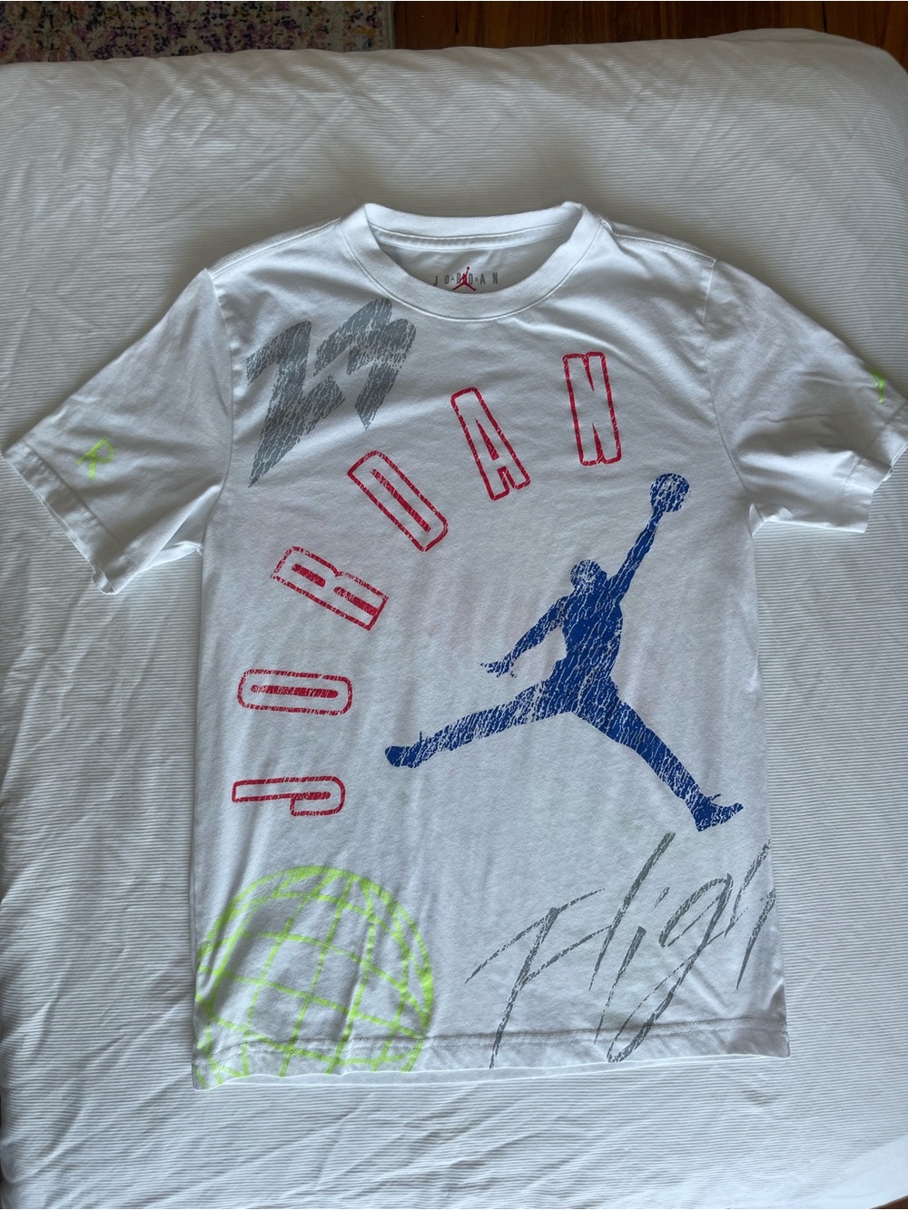 Jordan White Short-Sleeve Tee with Blue, Red, Neon Green and Gray Graphics